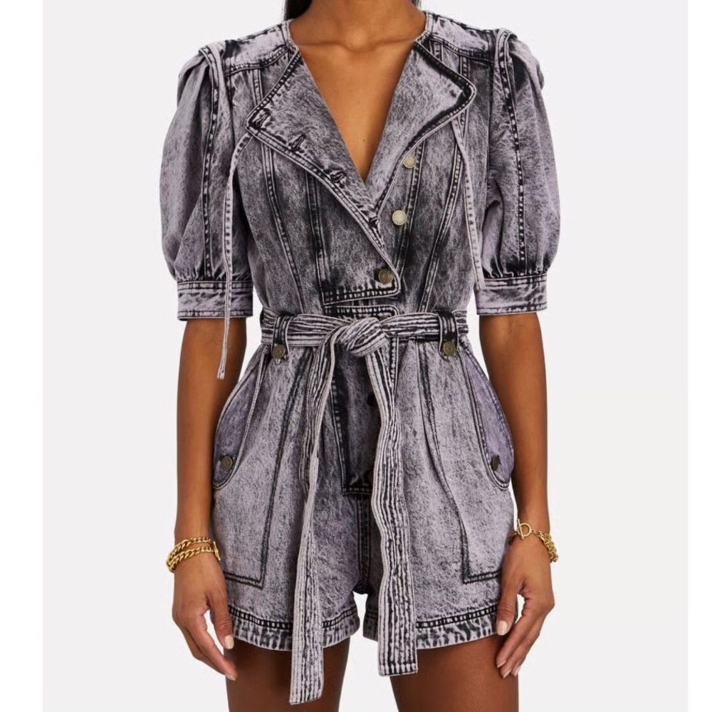 Ulla Johnson Carmine Belted Puff Sleeve Playsuit in Lilac Acid Wash Size 2
